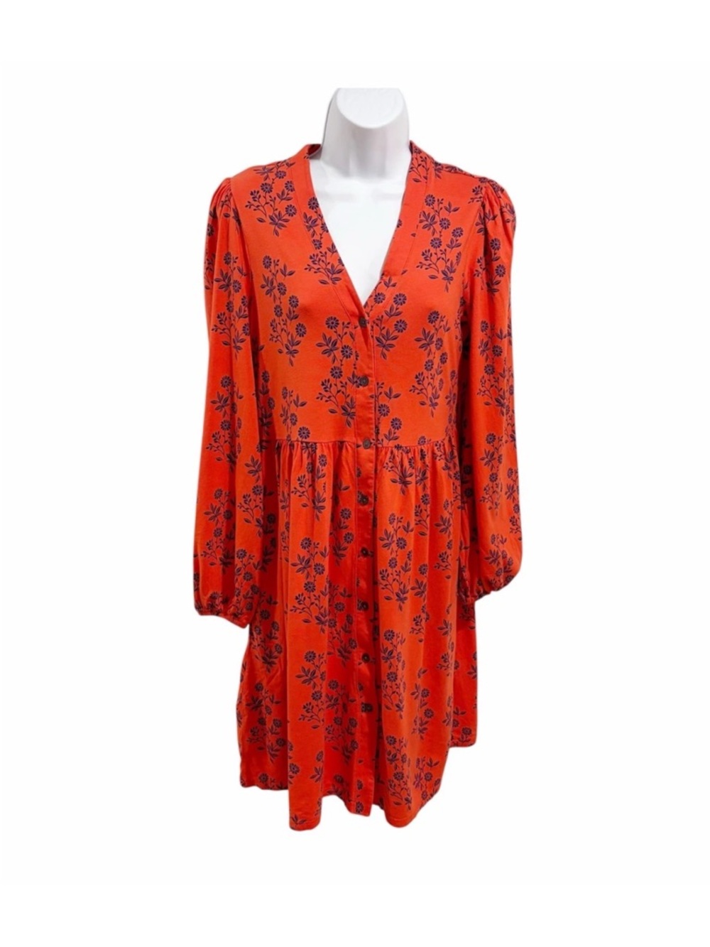 Boden Button-Down Red/Orange Blue Floral Jersey Midi Dress size 2R  Spring Party